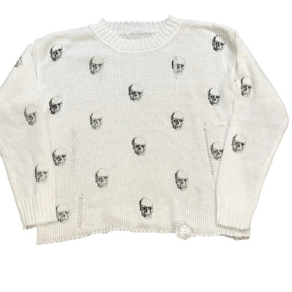 Skull Printed Distressed Bright Snow White Relaxed Crewneck Sweater Large NEW - Picture 1 of 4